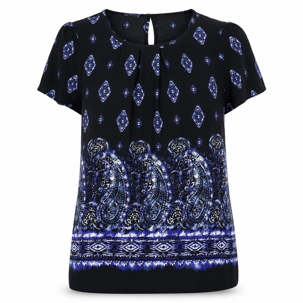 Paraphrase Womens Black Geometric Polyester Basic Blouse Size XS Round Neck