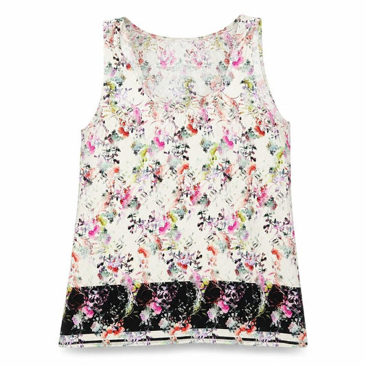Front view of Warehouse women’s ivory floral polyester basic tank, size UK 12, round neck