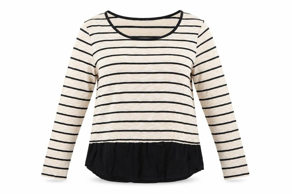 Front view of M&Co women’s beige round neck striped viscose jumper, size UK 10