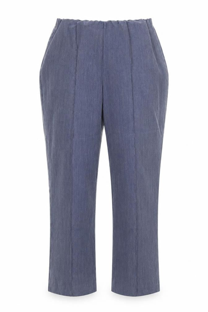 Front view of Bonmarché women’s blue polyester trousers, size UK 12, regular
