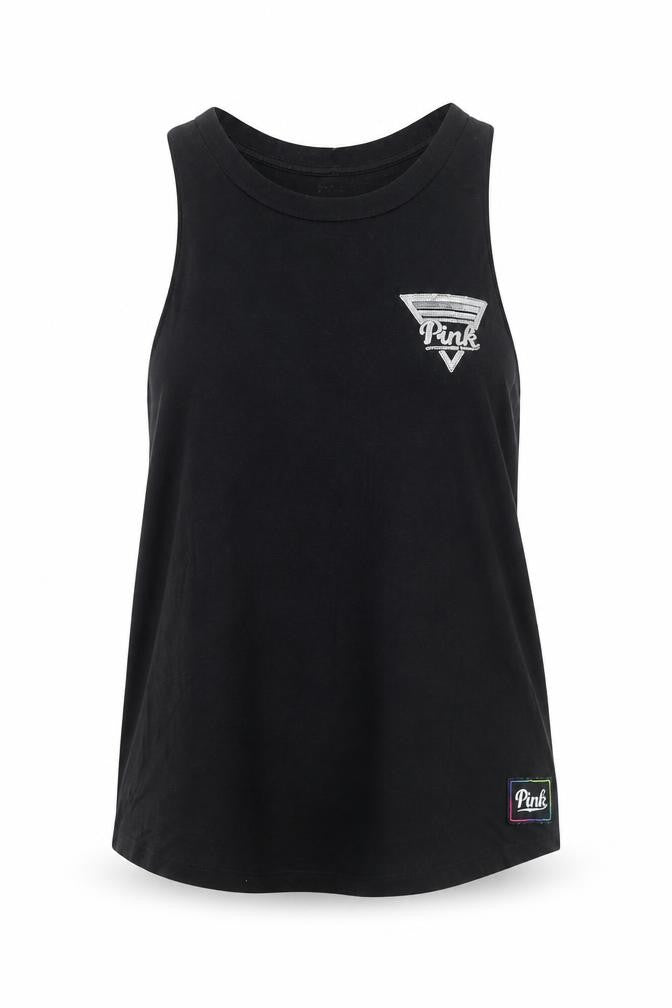 Front view of PINK women’s black cotton basic tank, size S, round neck