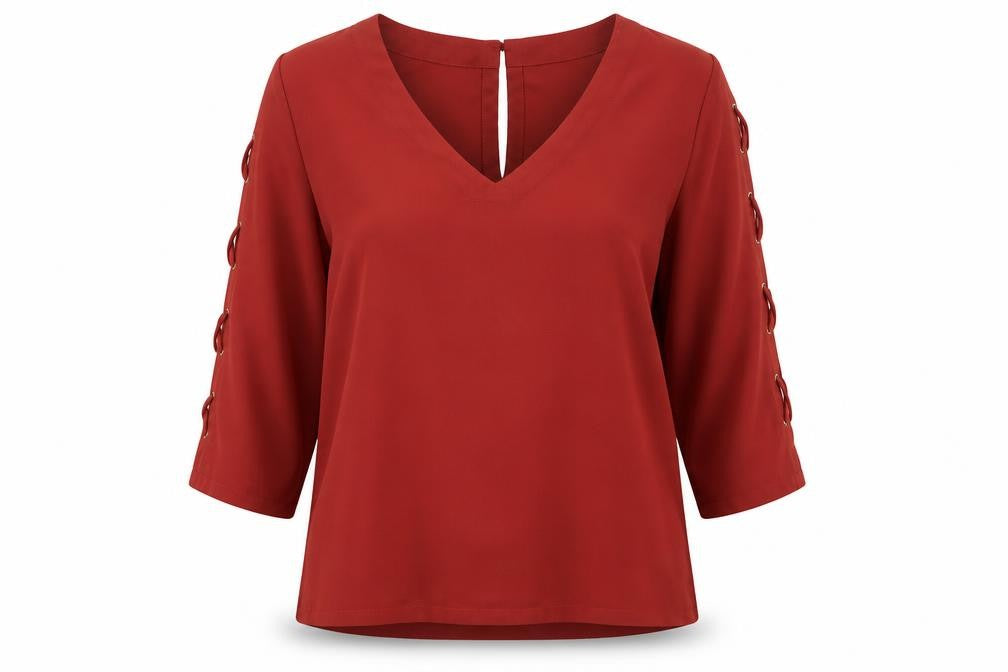 Front view of River Island women’s orange polyester basic blouse, size UK 8, v-neck