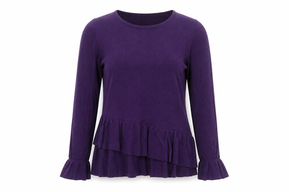 Front view of Wallis women’s purple round neck viscose jumper, size UK 12