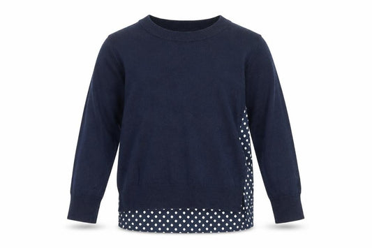 Front view of Crewcuts girls’ blue round neck polka dot cotton jumper, size 3, years pullover