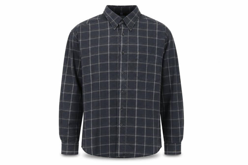 Front view of Cohesion men’s grey check cotton button-up, size L, collared button
