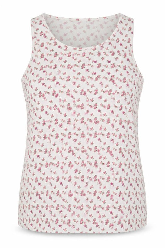 Front view of Bella Beau women’s white floral polyester basic tank, size XL, round neck
