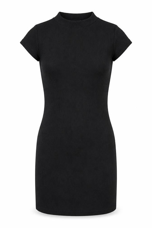 Front view of PRETTYLITTLETHING women’s black cotton trapeze & swing, size UK 8, round neck pullover