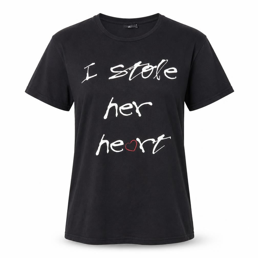 TEX Womens Black Cotton Basic T-Shirt Size L Round Neck - I Stole Her Heart