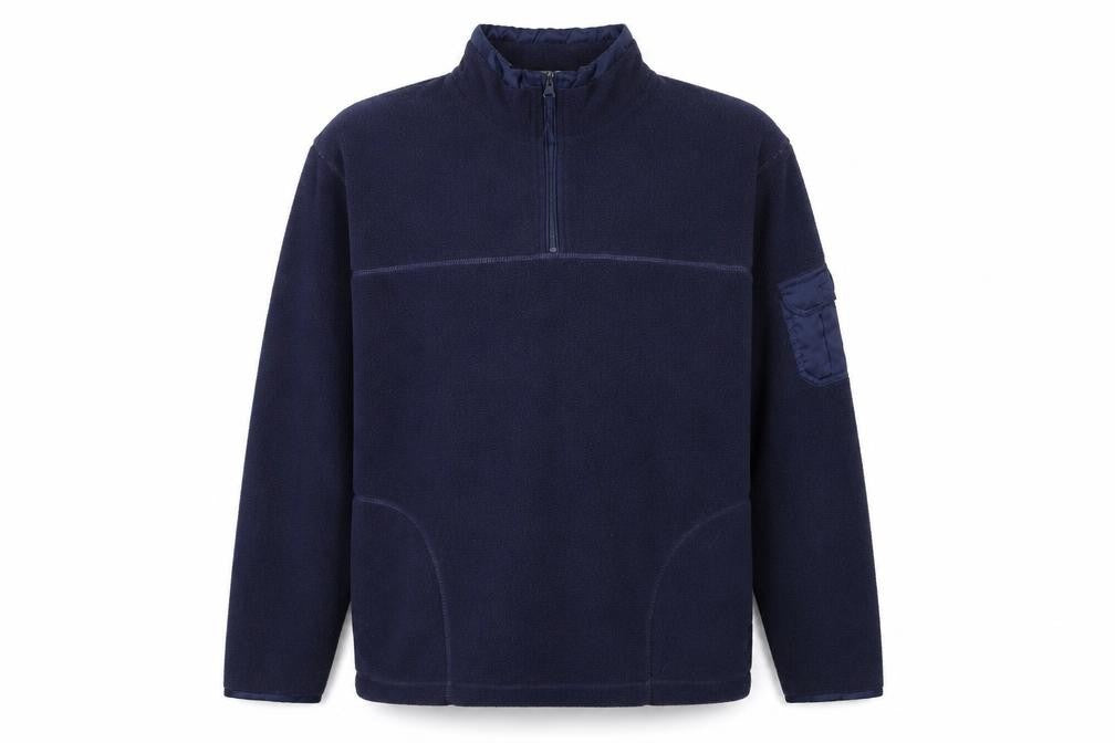 Front view of Debbie Morgan men’s blue polyester pullover sweatshirt, size M