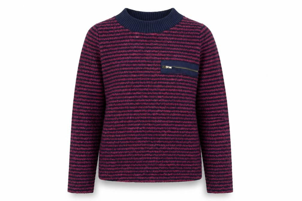 Front view of Next women’s purple round neck striped polyester jumper, size UK 6