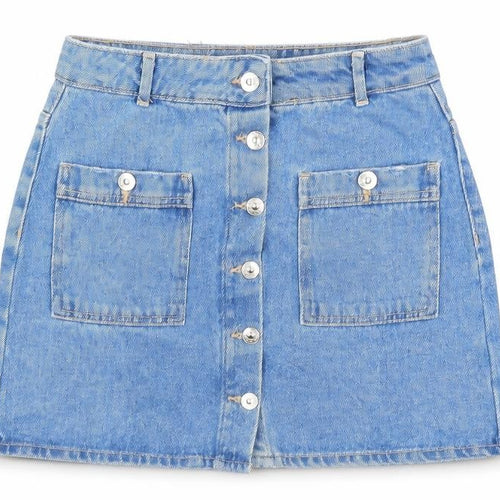 Pull&Bear Womens Blue Cotton A-Line Skirt Size 26 in Button