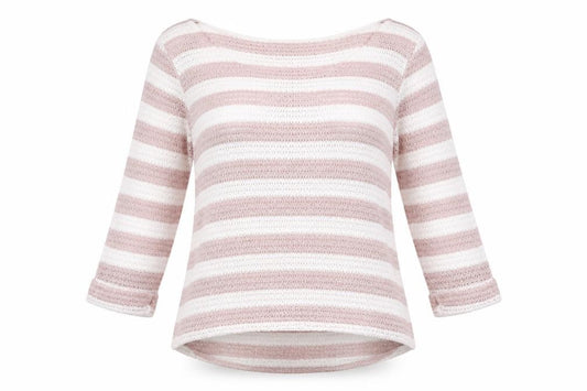 Front view of Next women’s pink round neck striped polyester jumper, size UK 10