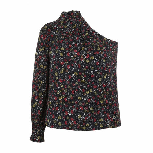 New Look Womens Black Floral 100% Cotton Basic Blouse Size 10 One Shoulder