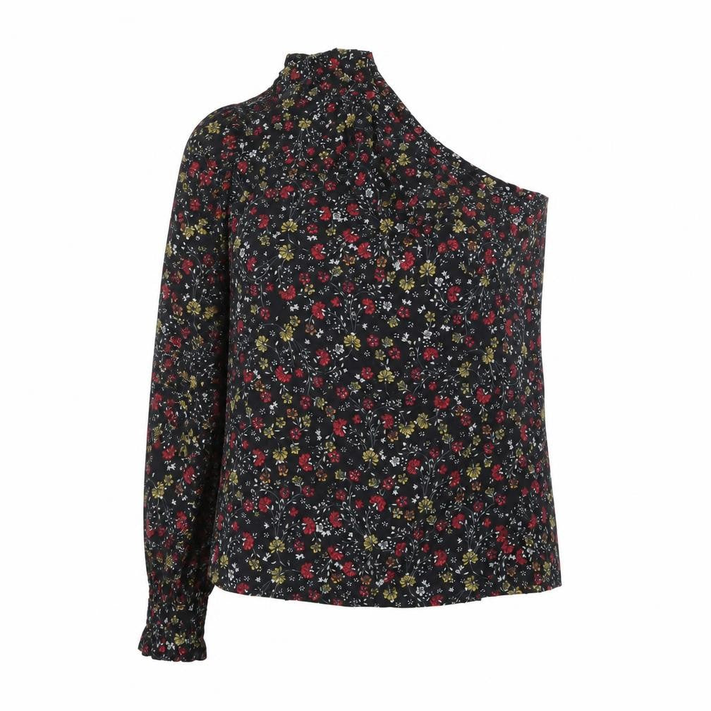 New Look Womens Black Floral 100% Cotton Basic Blouse Size 10 One Shoulder