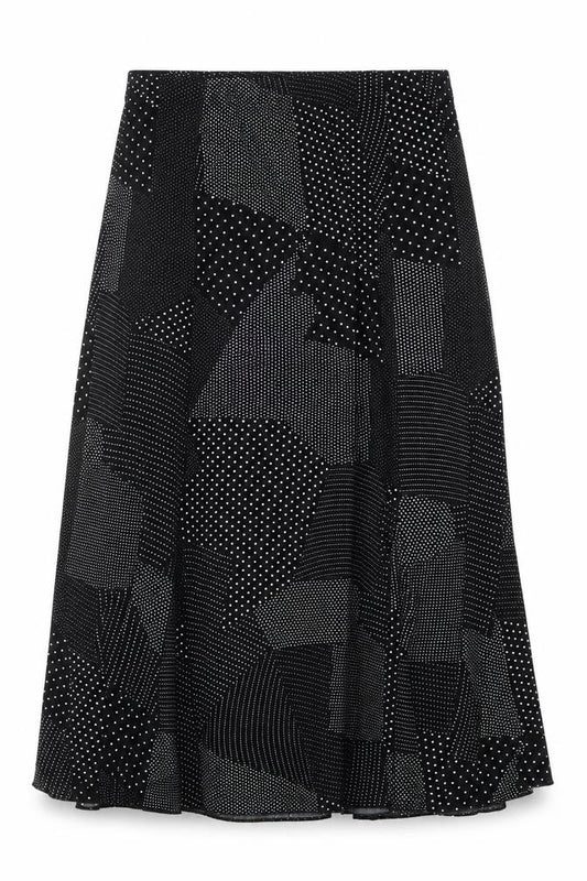Front view of Sonic women’s black geometric polyester swing skirt, size UK 12