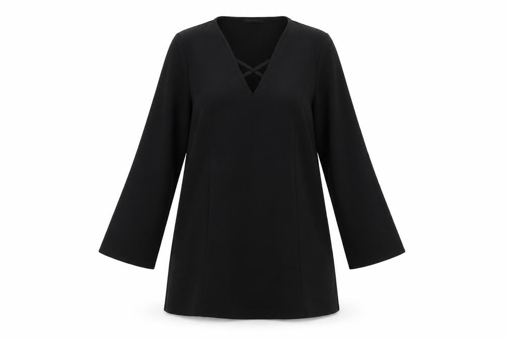Front view of Boohoo women’s black polyester a-line, size UK 12, v-neck pullover