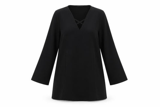 Front view of Boohoo women’s black polyester a-line, size UK 12, v-neck pullover