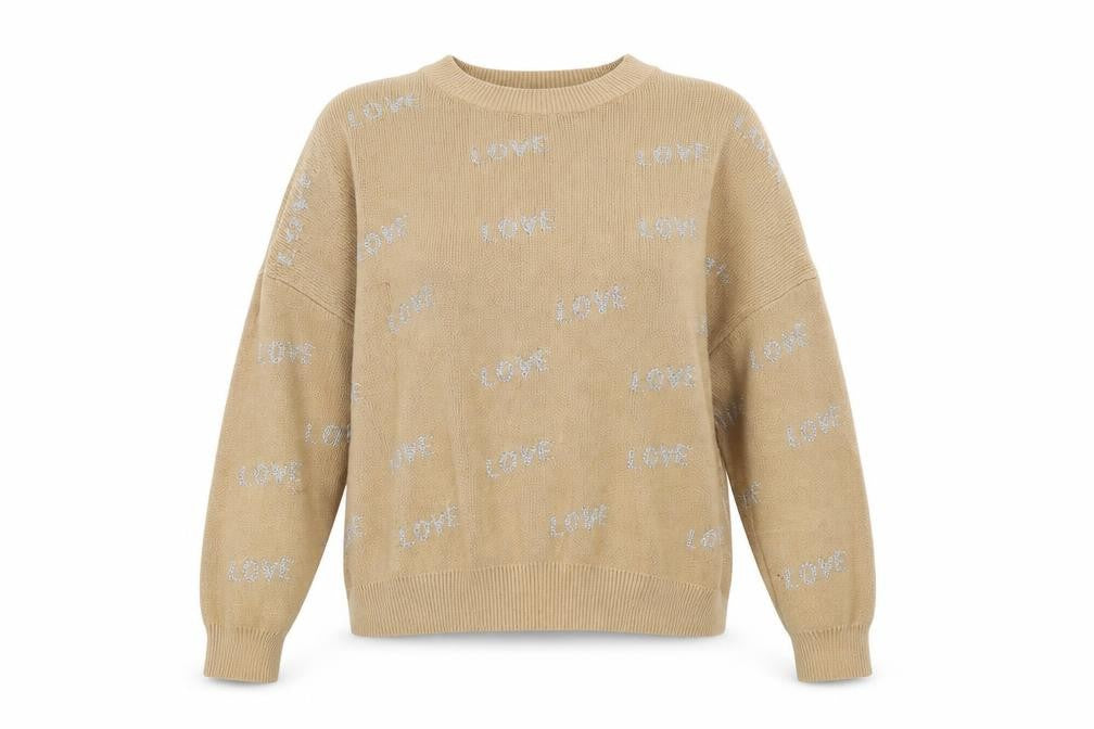 Just Be You Womens Beige Round Neck Geometric Viscose Pullover Jumper Size S - Love