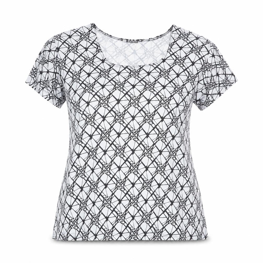 Front view of Sky Designs women’s white geometric polyester basic t-shirt, size L, square neck