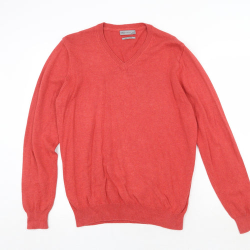 Marks and Spencer Mens Red V-Neck Cotton Pullover Jumper Size M Long Sleeve