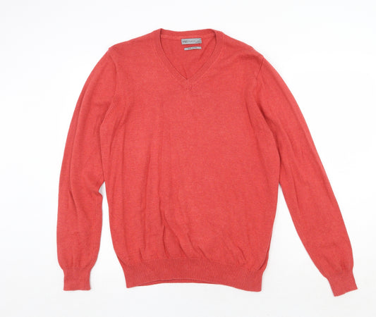 Marks and Spencer Mens Red V-Neck Cotton Pullover Jumper Size M Long Sleeve