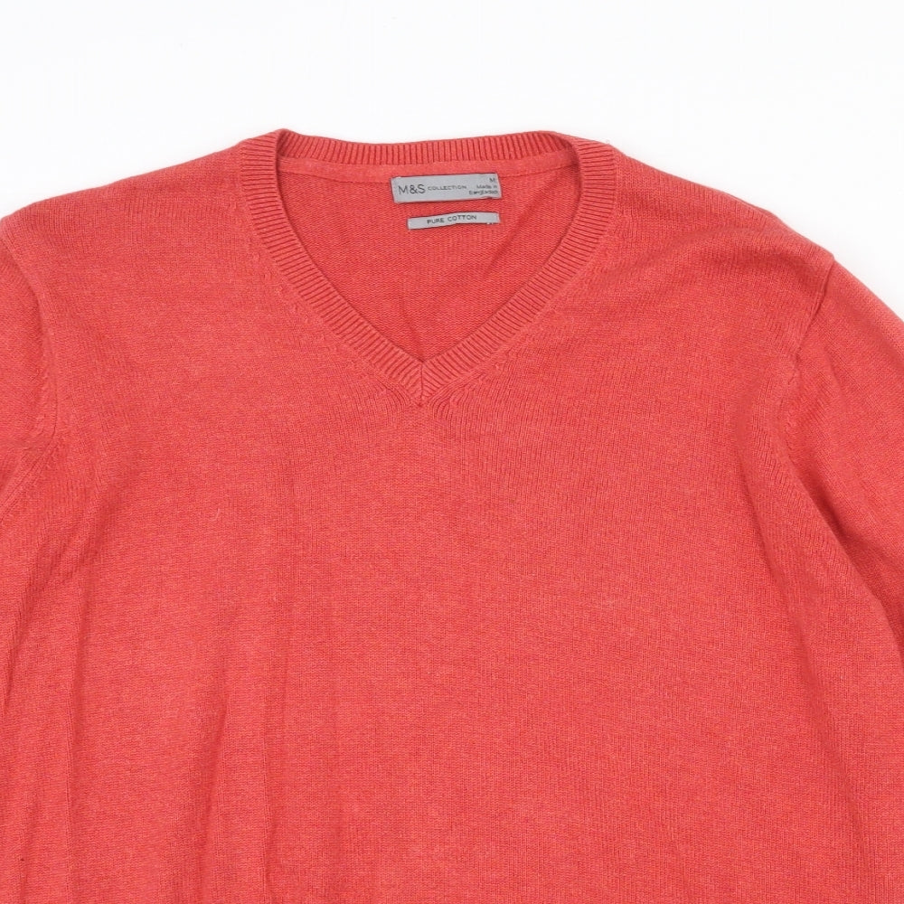 Marks and Spencer Mens Red V-Neck Cotton Pullover Jumper Size M Long Sleeve