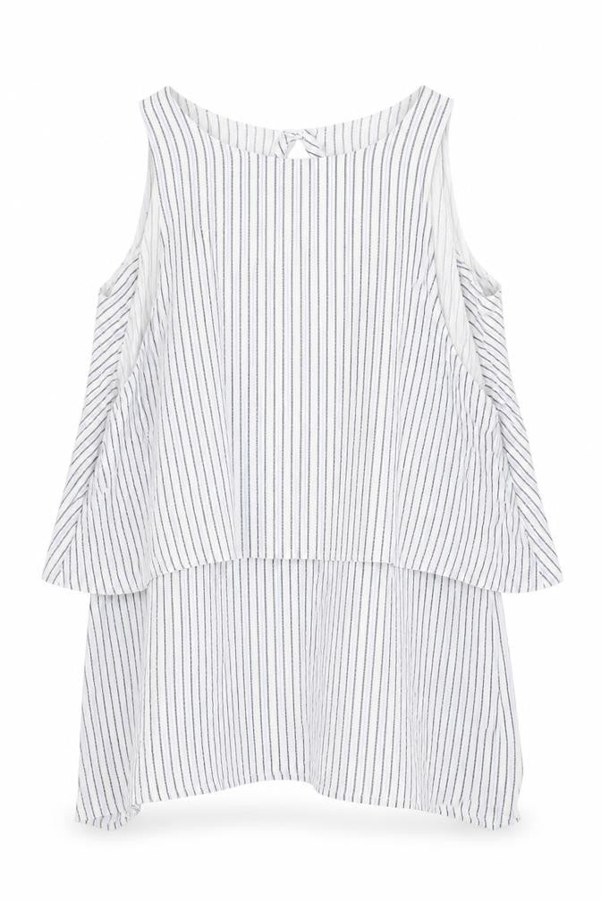 Front view of Influence women’s white striped viscose basic tank, size UK 10, round neck - open back