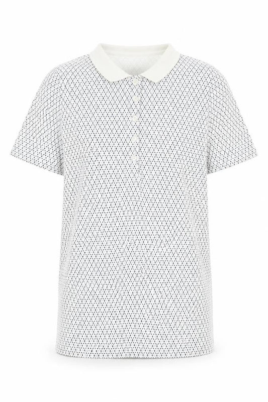 Front view of Lands' End men’s white geometric cotton polo, size S, collared button