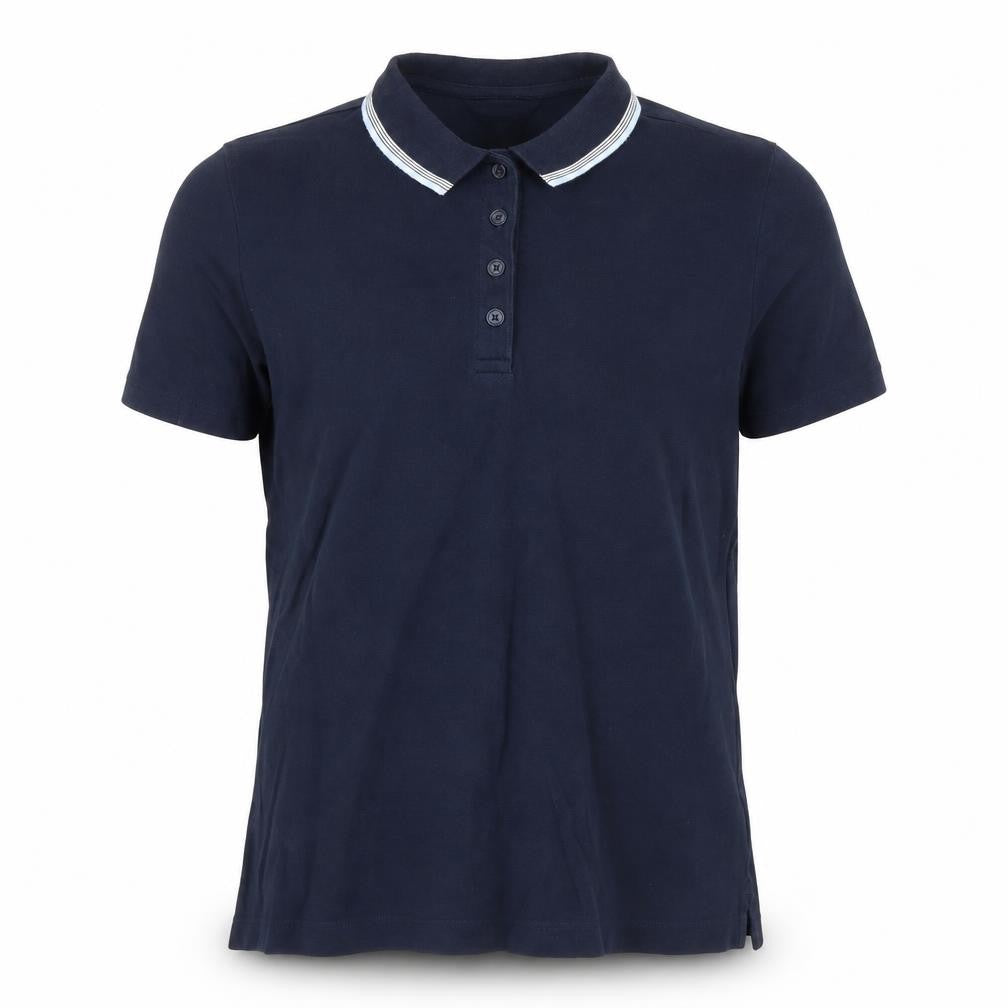 Front view of Lands End men’s blue cotton polo, size S, collared button
