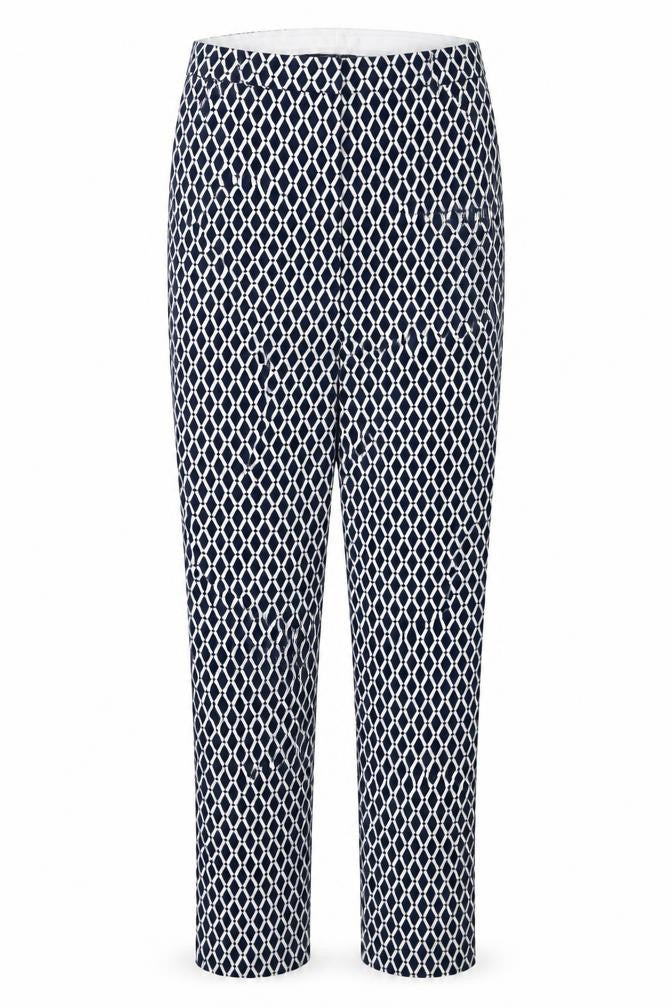 Front view of H&M women’s blue geometric cotton chino trousers, size UK 6, regular zip