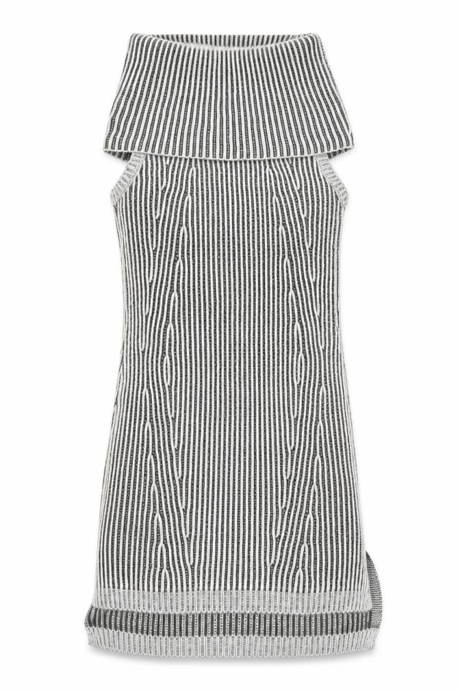 Front view of Urban Bliss women’s grey striped acrylic a-line, size UK 8, roll neck pullover