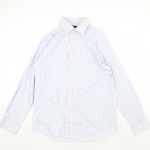 Marks and Spencer Mens Blue Pinstripe Polyester Dress Shirt Size 15.5 Collared Button