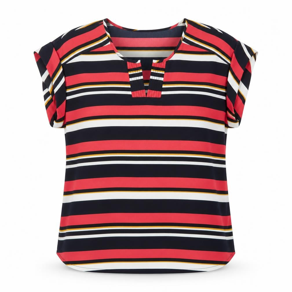 Front view of Cleo women’s multicoloured striped polyester basic blouse, size L, round neck