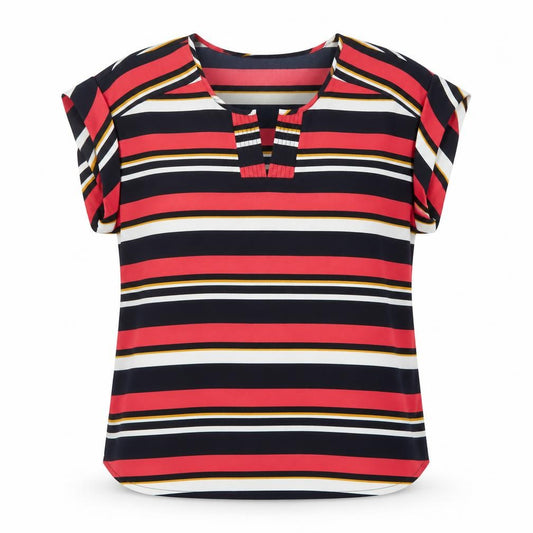 Front view of Cleo women’s multicoloured striped polyester basic blouse, size L, round neck