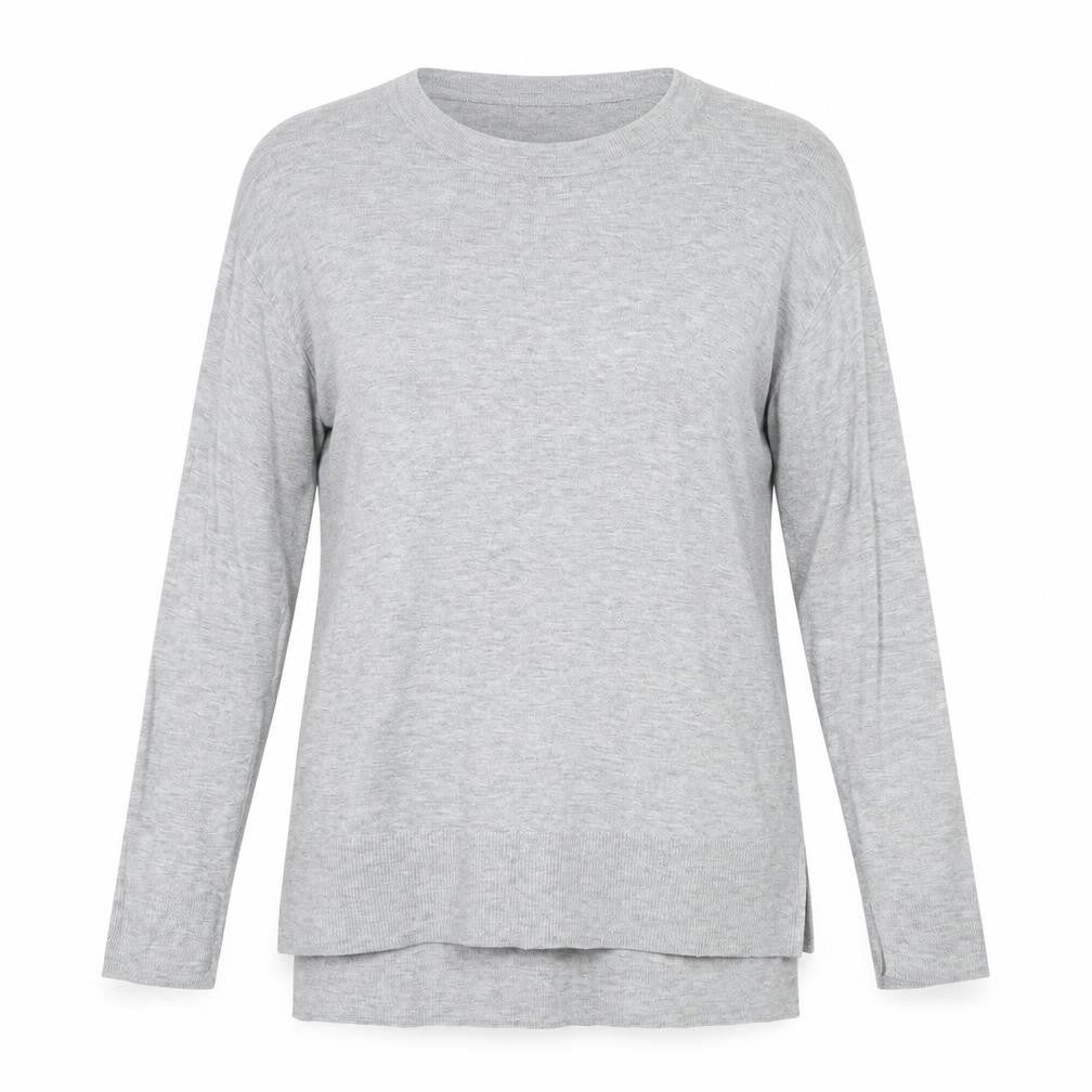 Front view of H&M women’s grey crew neck acrylic jumper, size S