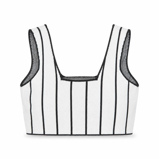 Front view of ASOS women’s white striped acrylic cropped tank, size UK 12, square neck