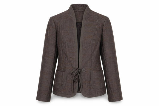 Front view of Debenhams women’s brown geometric jacket blazer, size UK 14, tie