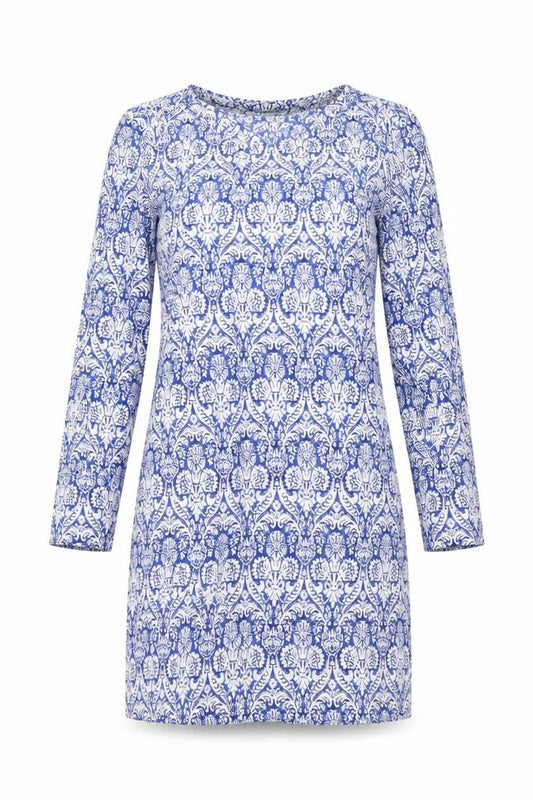 Front view of Baby Blue women’s blue geometric polyester a-line, size XS, v-neck pullover
