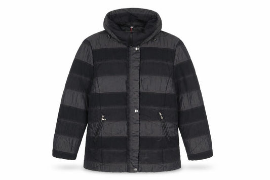 Front view of Frandsen women’s black striped jacket, size UK 12, zip