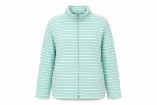 Front view of Anne De Lancay women’s green striped jacket, size L, zip