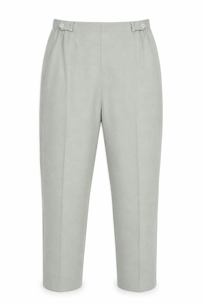 Front view of BHS women’s green polyester carrot trousers, size UK 14, regular