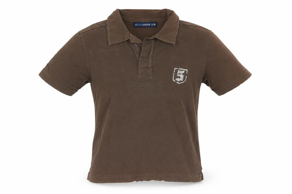 Front view of Blue Base boys’ brown cotton basic polo, size 5, years collared pullover
