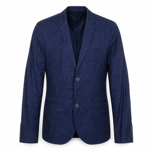 Front view of H&M men’s blue polyester jacket suit jacket, size 34, regular