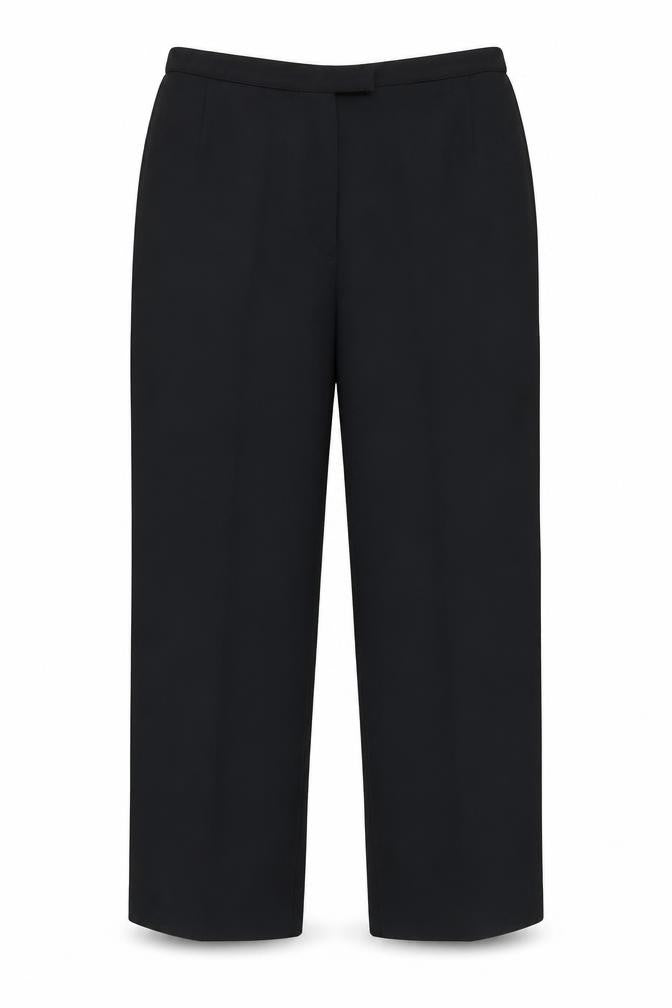 Front view of Marks & Spencer women’s black polyester trousers, size UK 12, regular zip