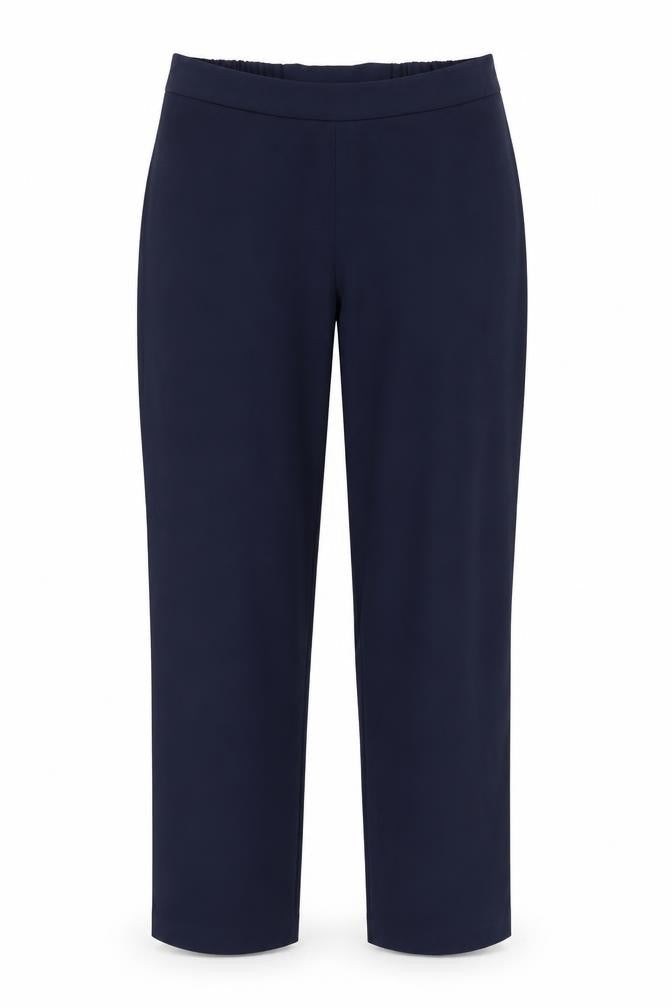 Front view of EWM women’s blue polyester trousers, size UK 12, regular zip