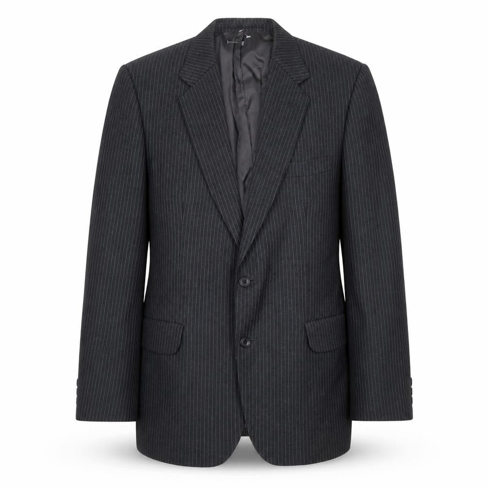 Front view of Cooper Mckenzie men’s grey striped wool jacket suit jacket, size 36, regular
