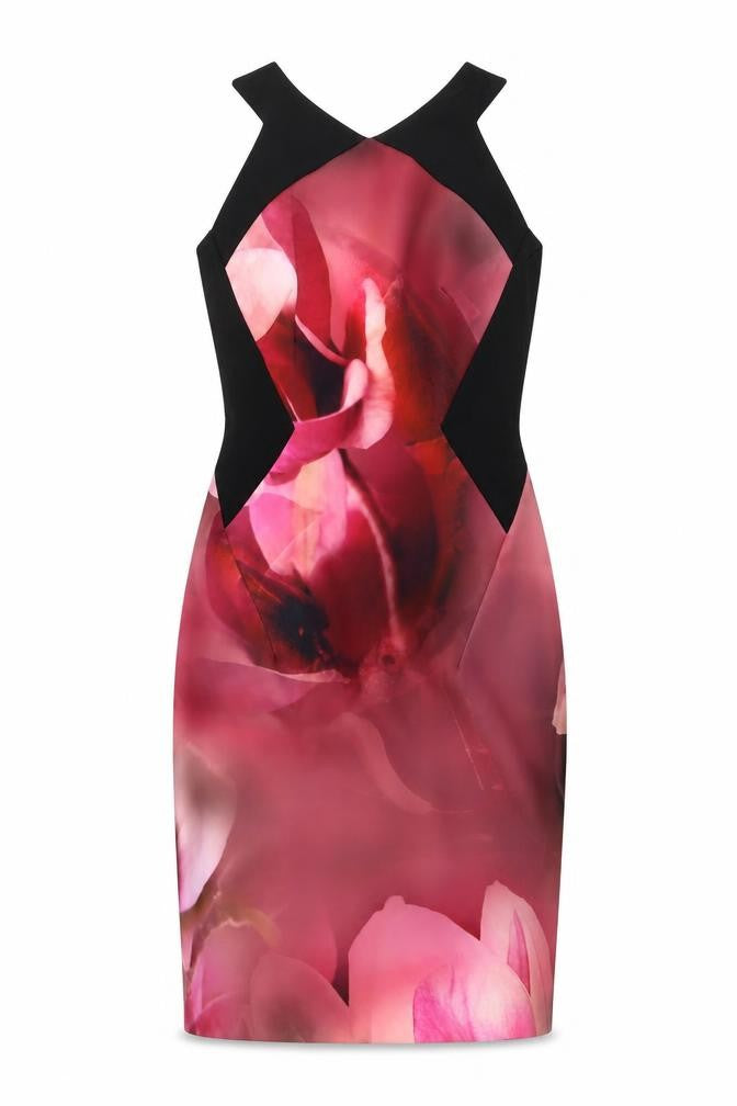 Roman Womens Black Floral Polyester Bodycon Size 10 V-Neck Zip
