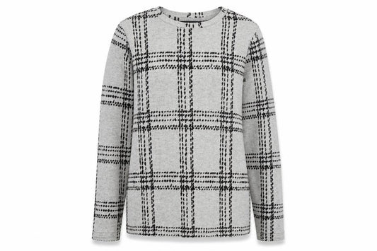 Front view of Next women’s grey round neck check polyester jumper, size UK 10