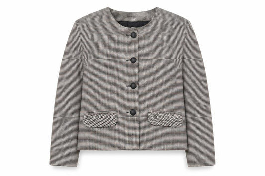Front view of Colourways women’s black geometric jacket, size UK 10, button