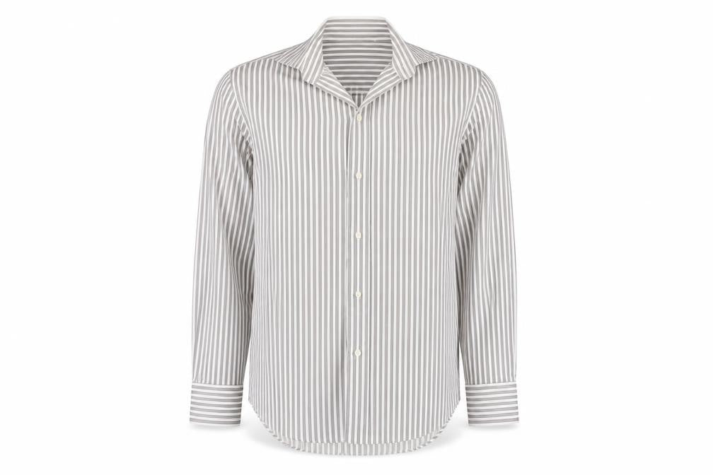Front view of Zara men’s beige striped cotton button-up, size L, collared button